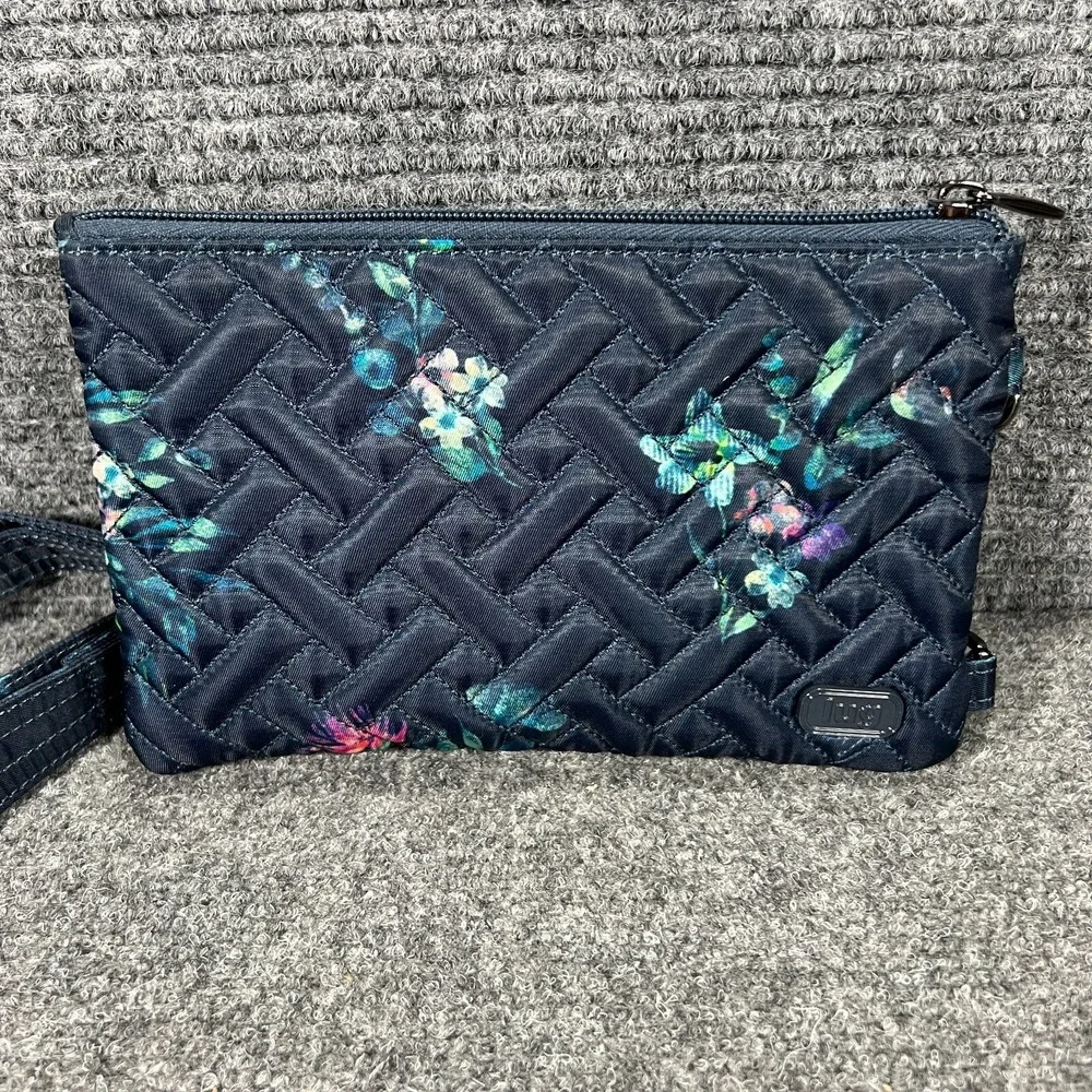 Lug‎ Peekaboo Convertible Crossbody Bag Blue Floral Zip Pockets Quilted RFID
